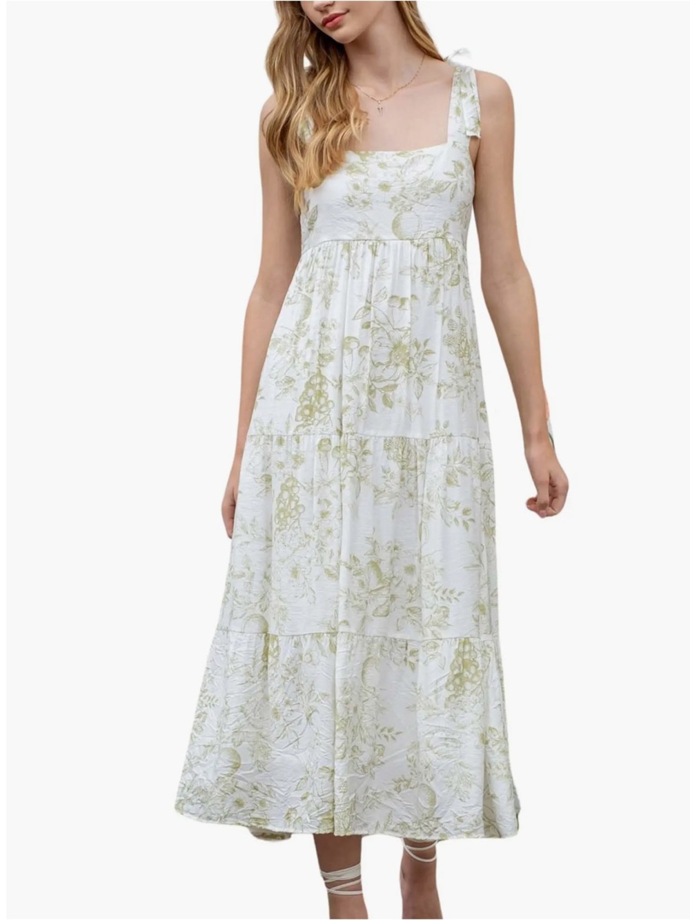 By The River Floral Square-Neck Midi Dress in Light Green